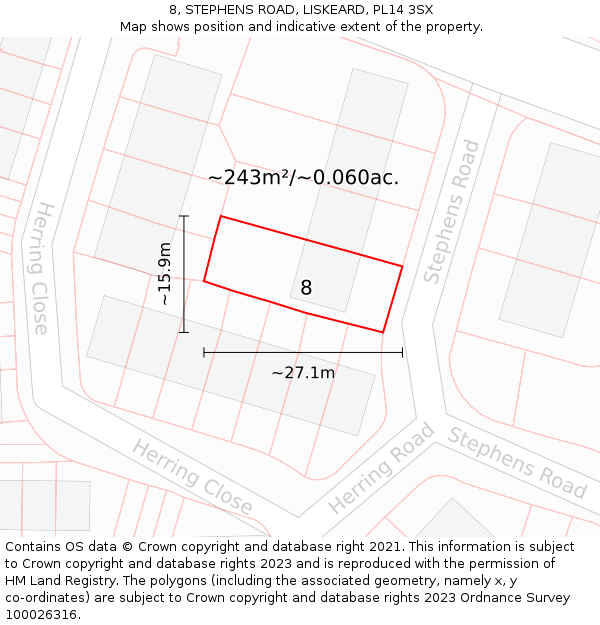 8, STEPHENS ROAD, LISKEARD, PL14 3SX: Plot and title map