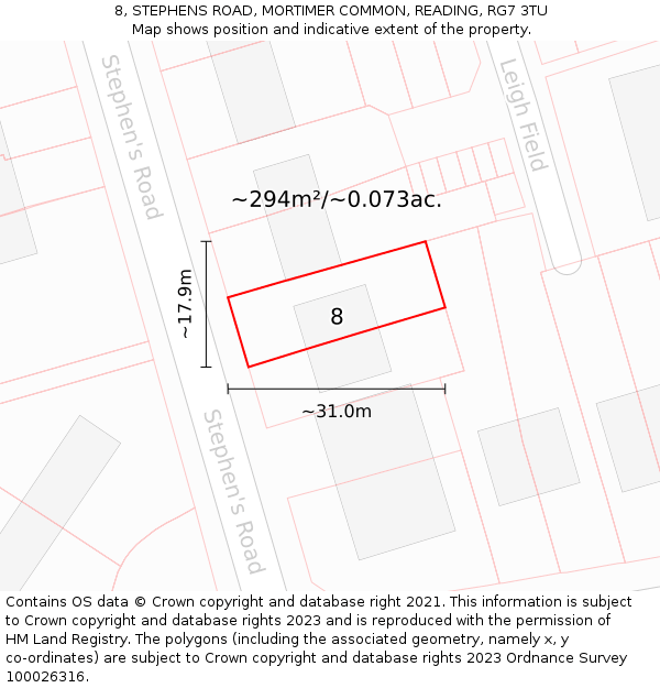 8, STEPHENS ROAD, MORTIMER COMMON, READING, RG7 3TU: Plot and title map