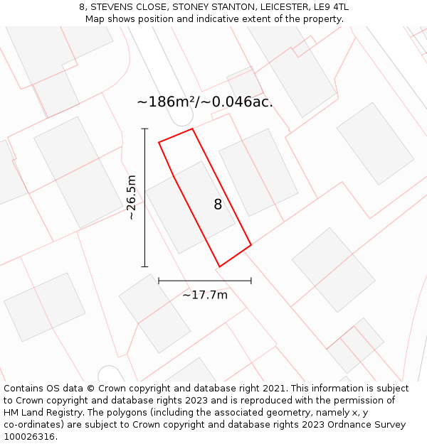 8, STEVENS CLOSE, STONEY STANTON, LEICESTER, LE9 4TL: Plot and title map