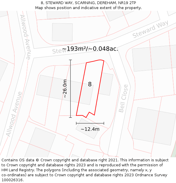 8, STEWARD WAY, SCARNING, DEREHAM, NR19 2TP: Plot and title map