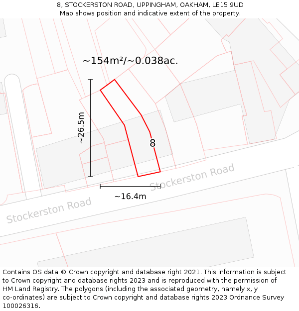 8, STOCKERSTON ROAD, UPPINGHAM, OAKHAM, LE15 9UD: Plot and title map