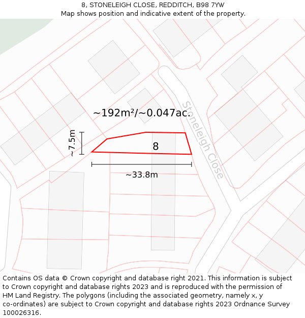 8, STONELEIGH CLOSE, REDDITCH, B98 7YW: Plot and title map