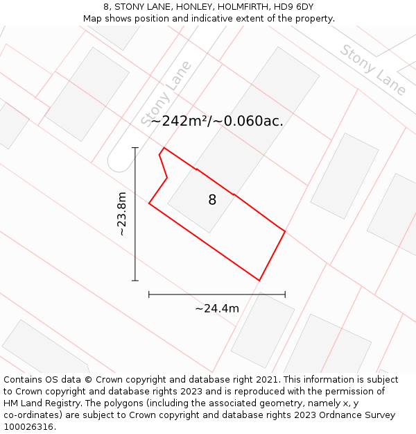 8, STONY LANE, HONLEY, HOLMFIRTH, HD9 6DY: Plot and title map