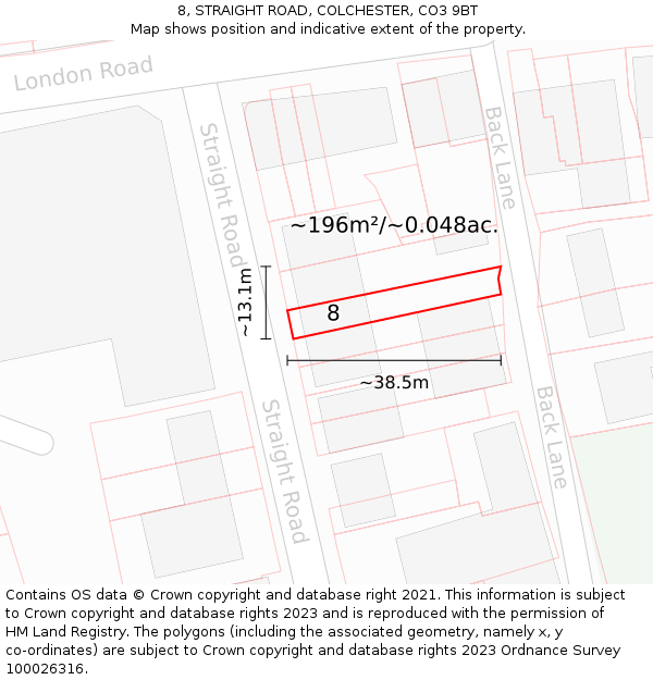 8, STRAIGHT ROAD, COLCHESTER, CO3 9BT: Plot and title map