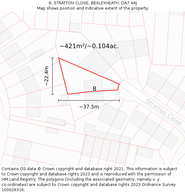 8, STRATTON CLOSE, BEXLEYHEATH, DA7 4AJ: Plot and title map