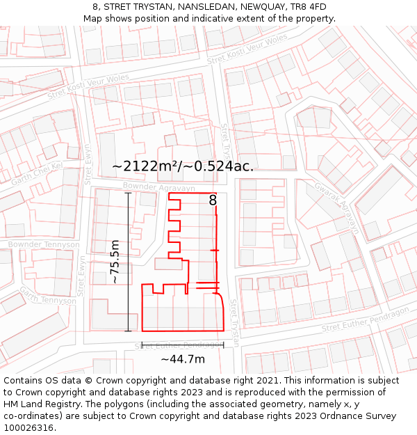 8, STRET TRYSTAN, NANSLEDAN, NEWQUAY, TR8 4FD: Plot and title map