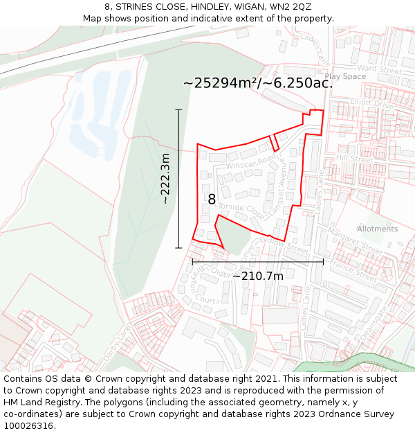 8, STRINES CLOSE, HINDLEY, WIGAN, WN2 2QZ: Plot and title map