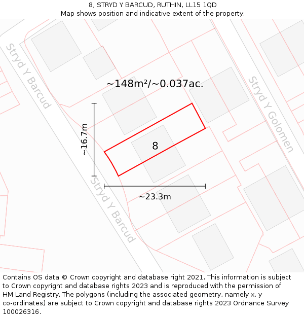 8, STRYD Y BARCUD, RUTHIN, LL15 1QD: Plot and title map