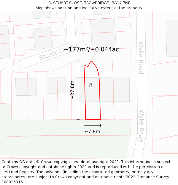 8, STUART CLOSE, TROWBRIDGE, BA14 7NF: Plot and title map