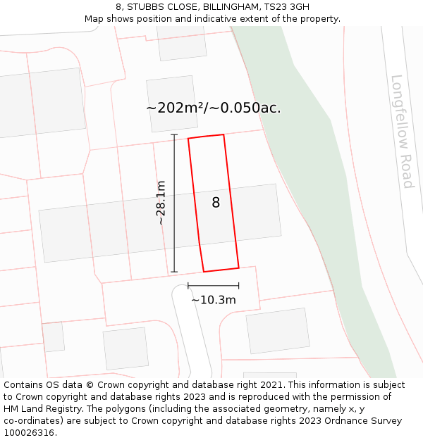 8, STUBBS CLOSE, BILLINGHAM, TS23 3GH: Plot and title map