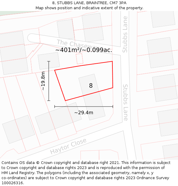 8, STUBBS LANE, BRAINTREE, CM7 3PA: Plot and title map