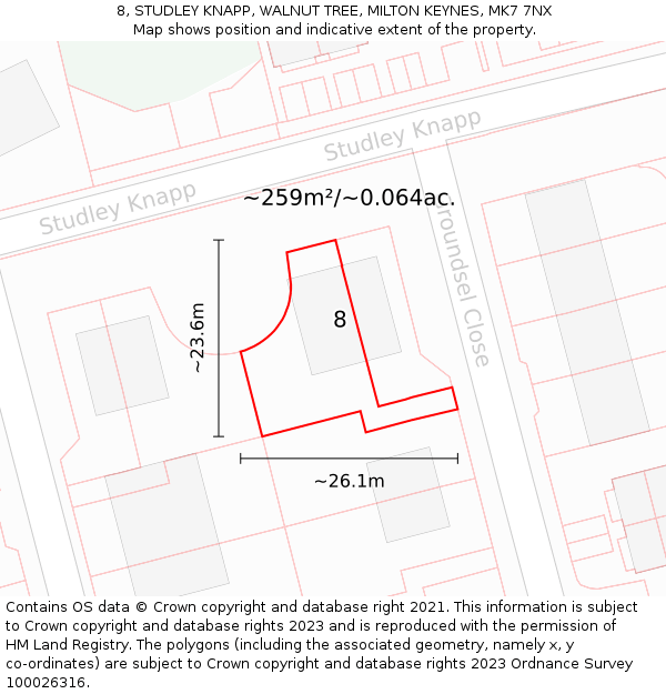 8, STUDLEY KNAPP, WALNUT TREE, MILTON KEYNES, MK7 7NX: Plot and title map