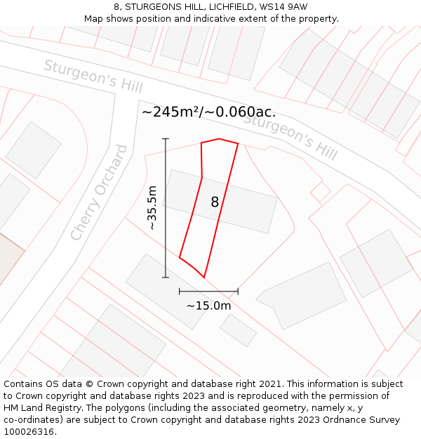 8, STURGEONS HILL, LICHFIELD, WS14 9AW: Plot and title map