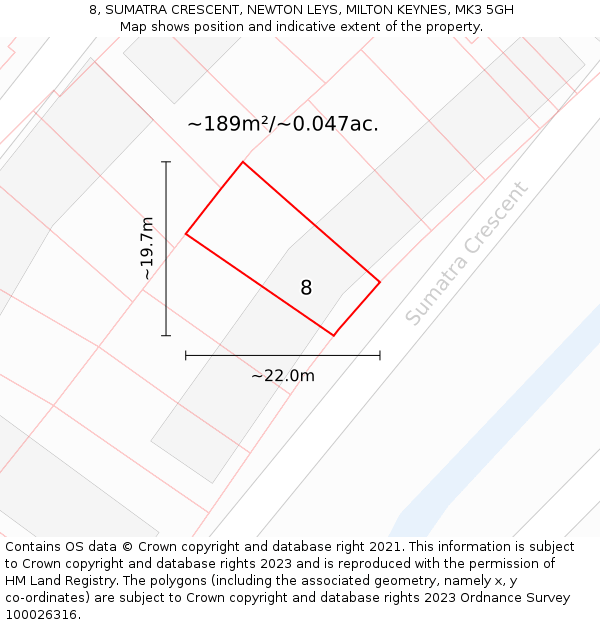 8, SUMATRA CRESCENT, NEWTON LEYS, MILTON KEYNES, MK3 5GH: Plot and title map