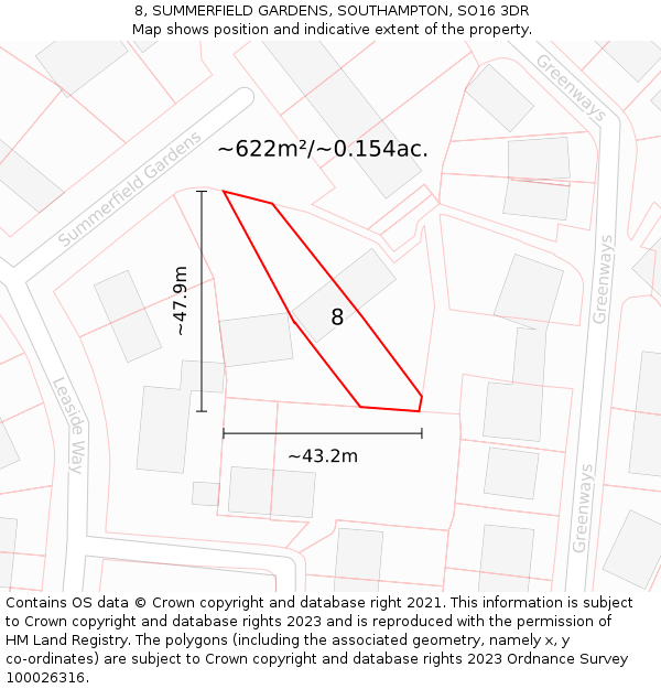 8, SUMMERFIELD GARDENS, SOUTHAMPTON, SO16 3DR: Plot and title map