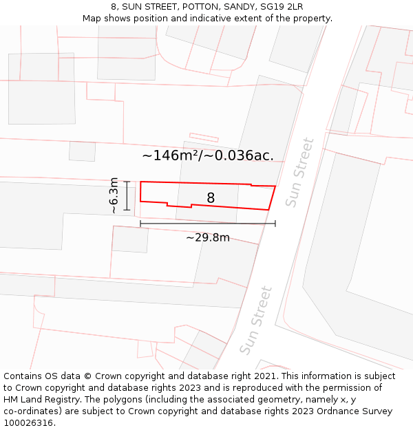 8, SUN STREET, POTTON, SANDY, SG19 2LR: Plot and title map