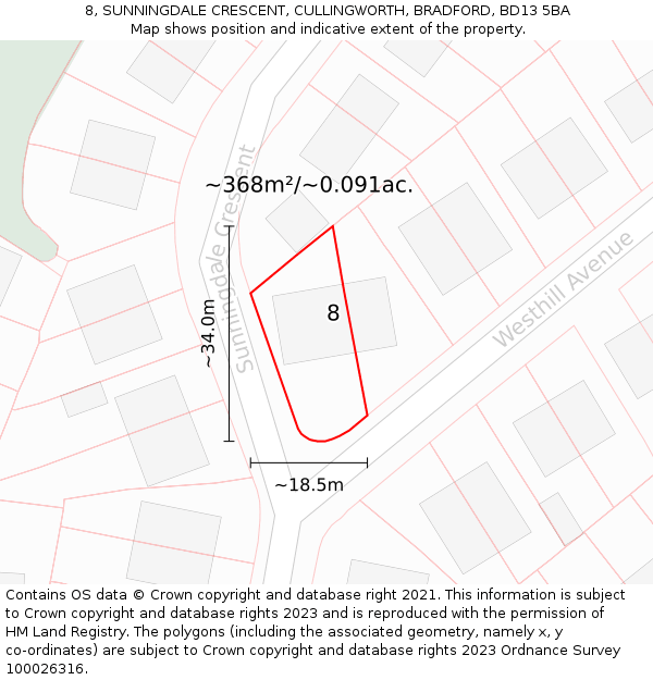 8, SUNNINGDALE CRESCENT, CULLINGWORTH, BRADFORD, BD13 5BA: Plot and title map