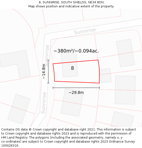 8, SUNNIRISE, SOUTH SHIELDS, NE34 8DN: Plot and title map