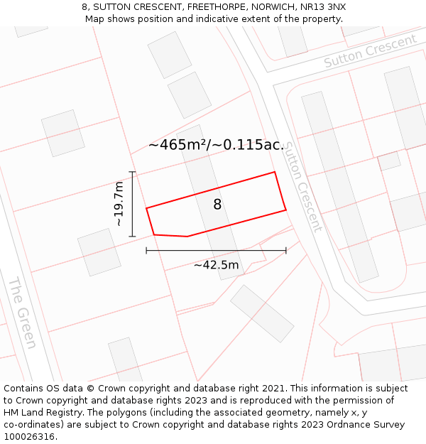 8, SUTTON CRESCENT, FREETHORPE, NORWICH, NR13 3NX: Plot and title map