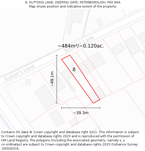 8, SUTTONS LANE, DEEPING GATE, PETERBOROUGH, PE6 9AA: Plot and title map