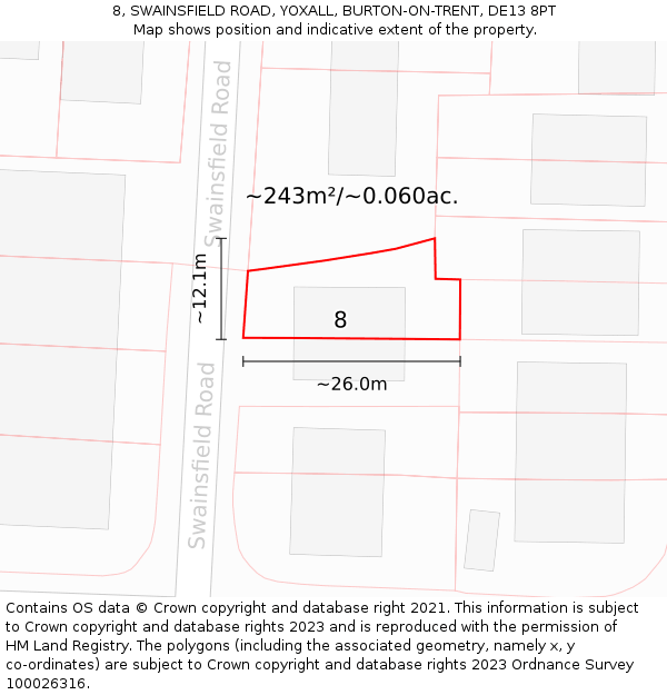 8, SWAINSFIELD ROAD, YOXALL, BURTON-ON-TRENT, DE13 8PT: Plot and title map