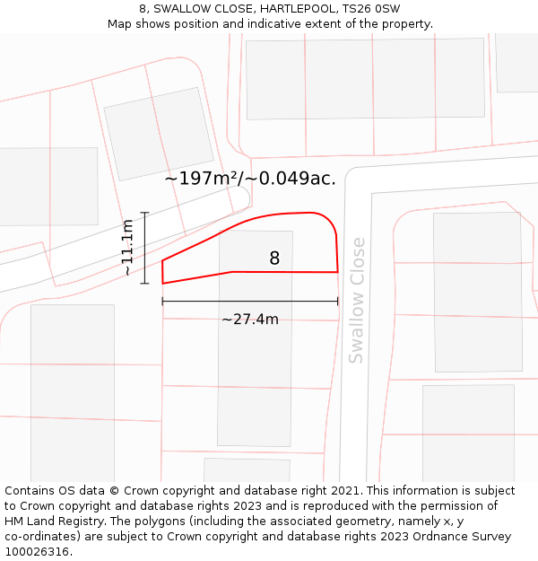 8, SWALLOW CLOSE, HARTLEPOOL, TS26 0SW: Plot and title map