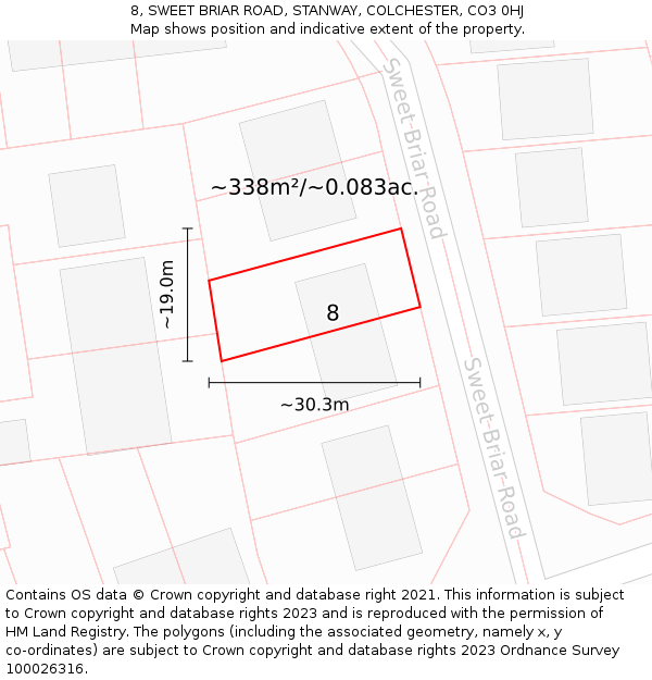 8, SWEET BRIAR ROAD, STANWAY, COLCHESTER, CO3 0HJ: Plot and title map