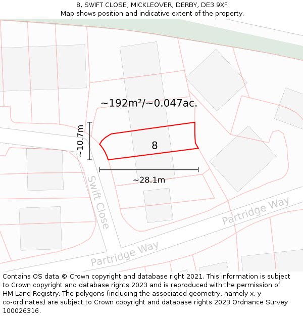 8, SWIFT CLOSE, MICKLEOVER, DERBY, DE3 9XF: Plot and title map