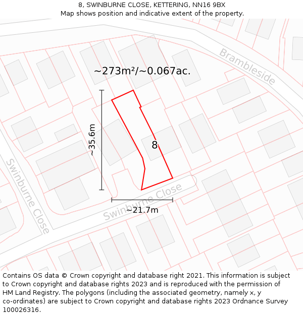 8, SWINBURNE CLOSE, KETTERING, NN16 9BX: Plot and title map