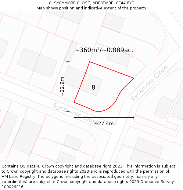 8, SYCAMORE CLOSE, ABERDARE, CF44 8YD: Plot and title map