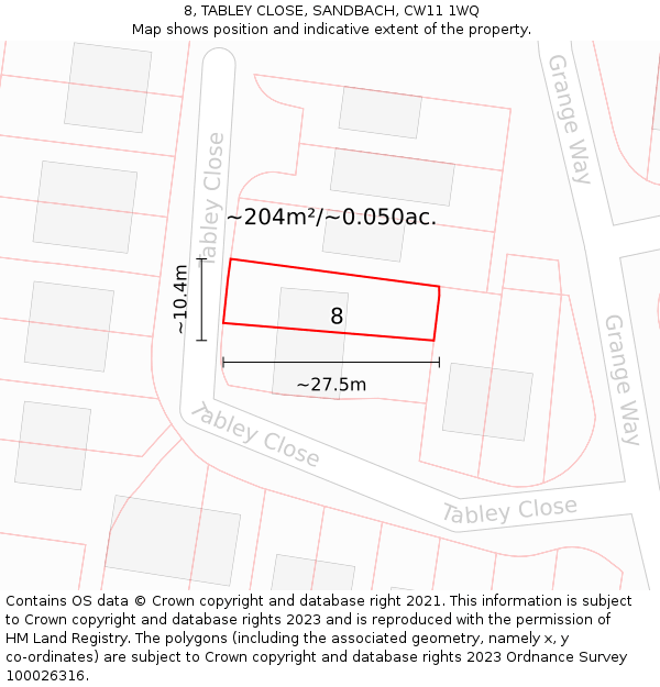 8, TABLEY CLOSE, SANDBACH, CW11 1WQ: Plot and title map