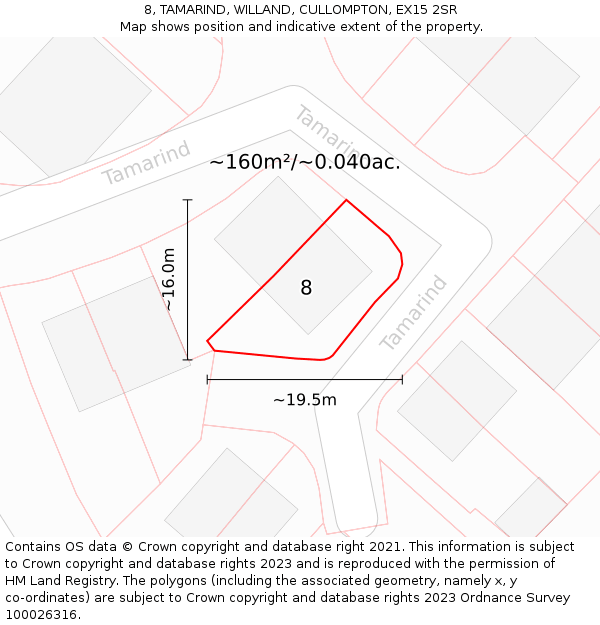 8, TAMARIND, WILLAND, CULLOMPTON, EX15 2SR: Plot and title map