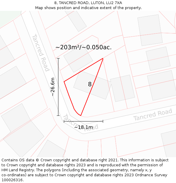 8, TANCRED ROAD, LUTON, LU2 7XA: Plot and title map