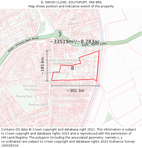 8, TARVIN CLOSE, SOUTHPORT, PR9 8RQ: Plot and title map