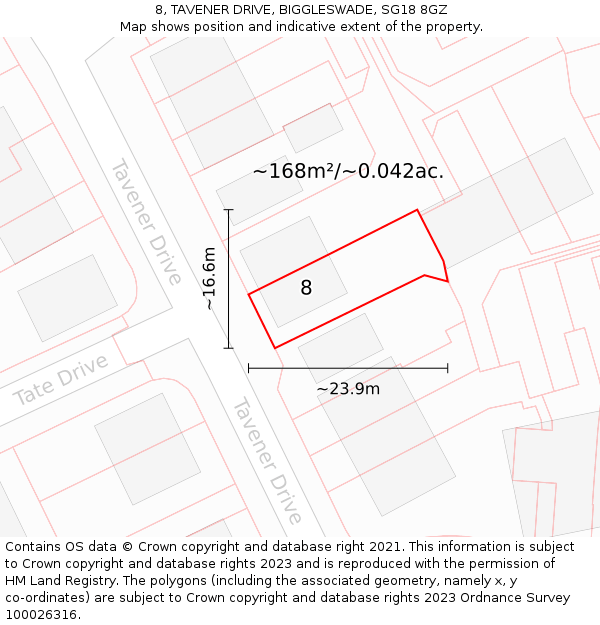 8, TAVENER DRIVE, BIGGLESWADE, SG18 8GZ: Plot and title map