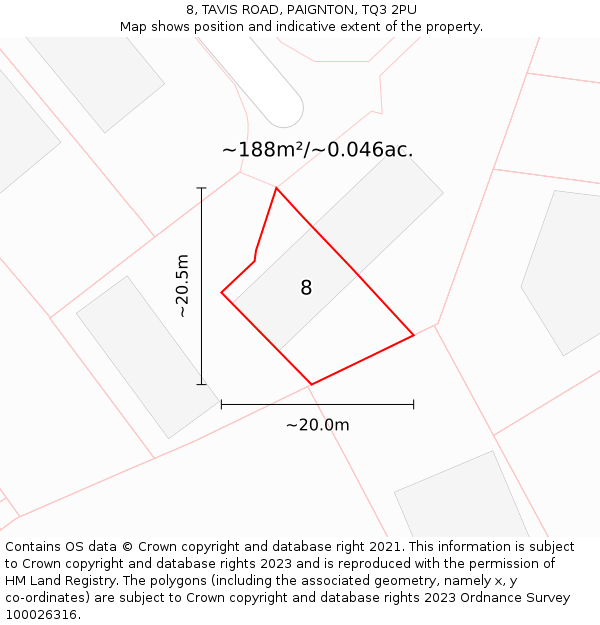 8, TAVIS ROAD, PAIGNTON, TQ3 2PU: Plot and title map