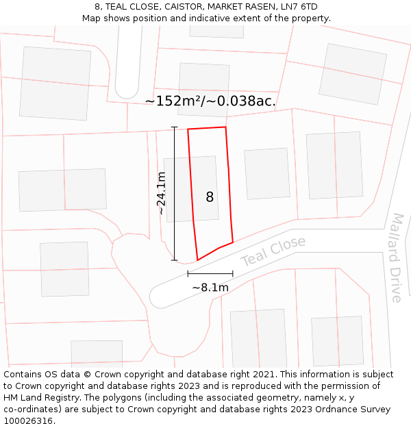 8, TEAL CLOSE, CAISTOR, MARKET RASEN, LN7 6TD: Plot and title map