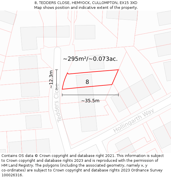 8, TEDDERS CLOSE, HEMYOCK, CULLOMPTON, EX15 3XD: Plot and title map