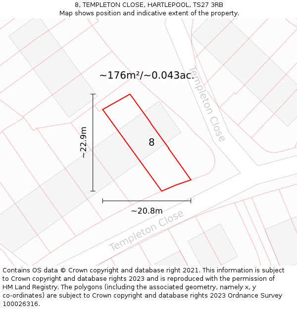 8, TEMPLETON CLOSE, HARTLEPOOL, TS27 3RB: Plot and title map