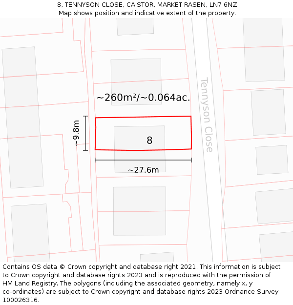 8, TENNYSON CLOSE, CAISTOR, MARKET RASEN, LN7 6NZ: Plot and title map