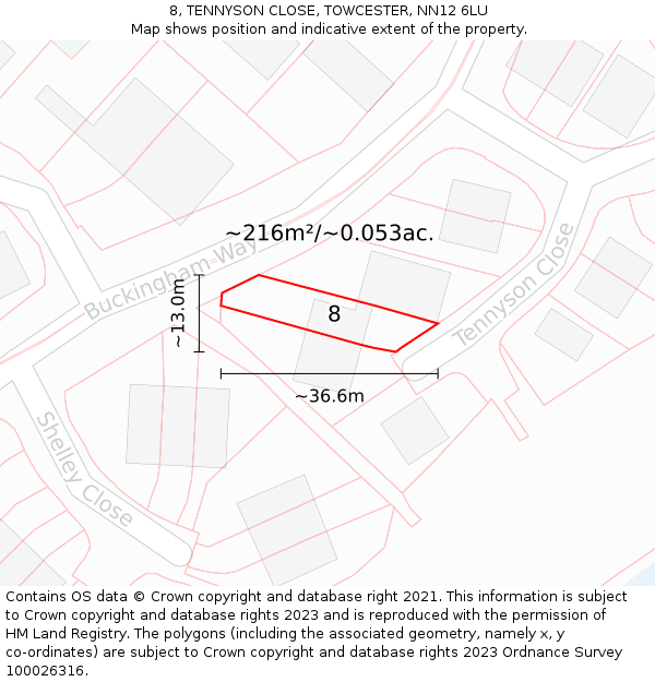 8, TENNYSON CLOSE, TOWCESTER, NN12 6LU: Plot and title map