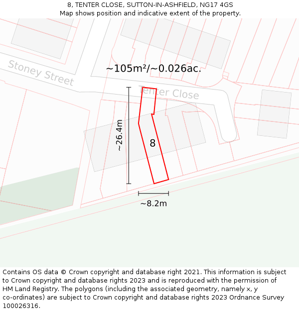 8, TENTER CLOSE, SUTTON-IN-ASHFIELD, NG17 4GS: Plot and title map