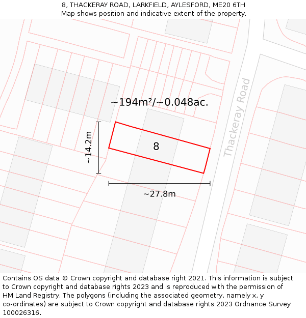 8, THACKERAY ROAD, LARKFIELD, AYLESFORD, ME20 6TH: Plot and title map