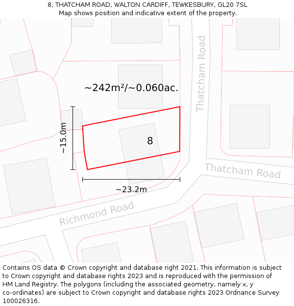 8, THATCHAM ROAD, WALTON CARDIFF, TEWKESBURY, GL20 7SL: Plot and title map