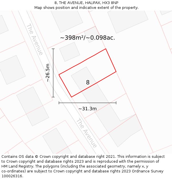 8, THE AVENUE, HALIFAX, HX3 8NP: Plot and title map