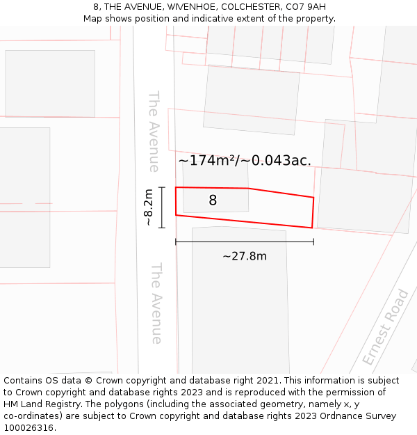 8, THE AVENUE, WIVENHOE, COLCHESTER, CO7 9AH: Plot and title map