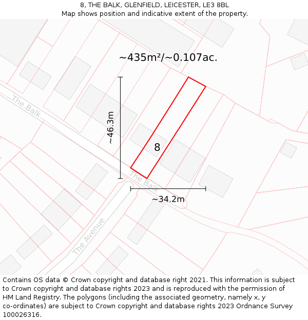 8, THE BALK, GLENFIELD, LEICESTER, LE3 8BL: Plot and title map