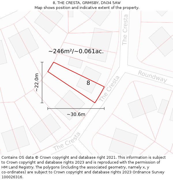8, THE CRESTA, GRIMSBY, DN34 5AW: Plot and title map