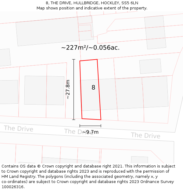 8, THE DRIVE, HULLBRIDGE, HOCKLEY, SS5 6LN: Plot and title map