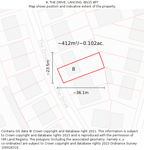 8, THE DRIVE, LANCING, BN15 8PT: Plot and title map